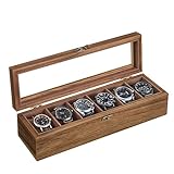 SONGMICS Uhrenbox mit 6 Fächern, Uhrenkasten aus Massivholz, mit Glasdeckel, Uhrenkissen, Geschenk für Ihre Liebsten, walnussfarben JOW006K01
